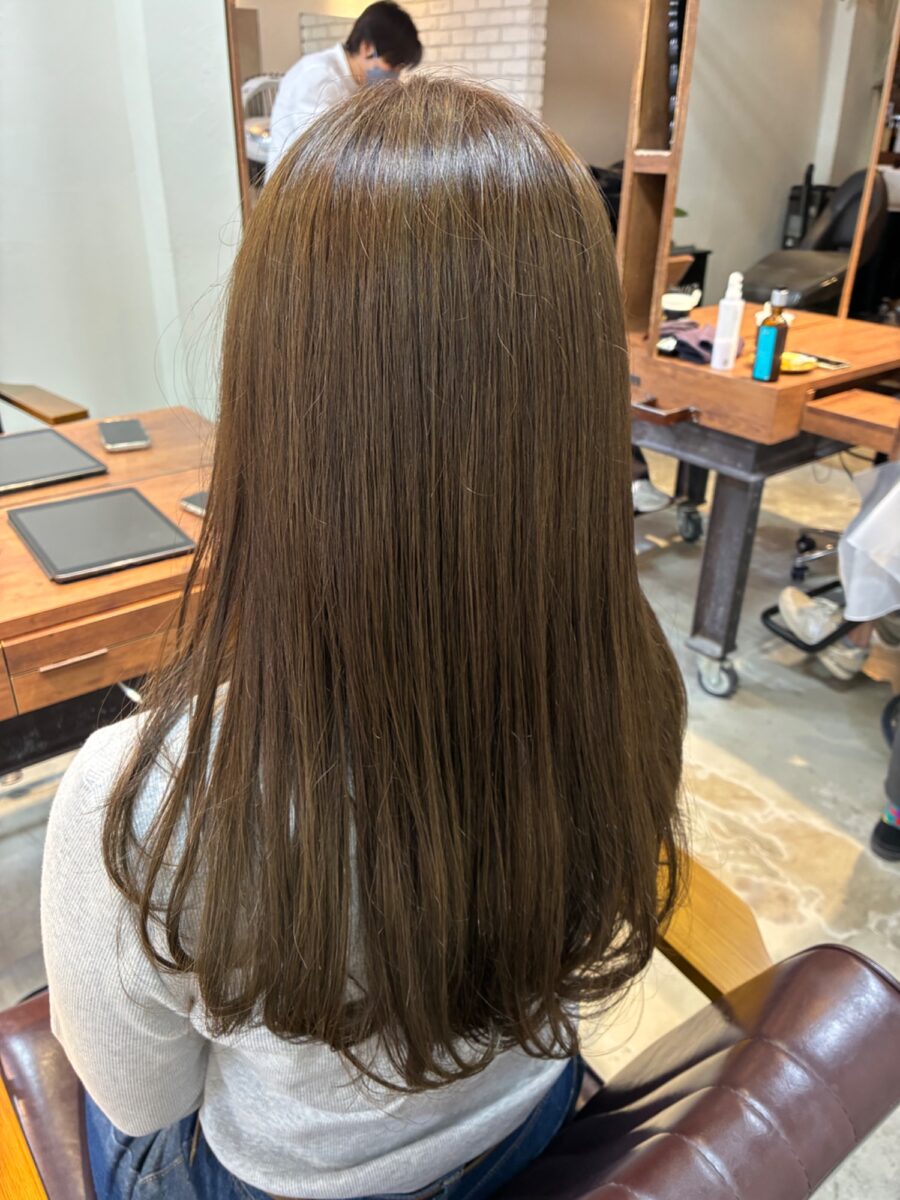 前レイヤー入りロングストレートの艶感と動きがわかる後ろ姿