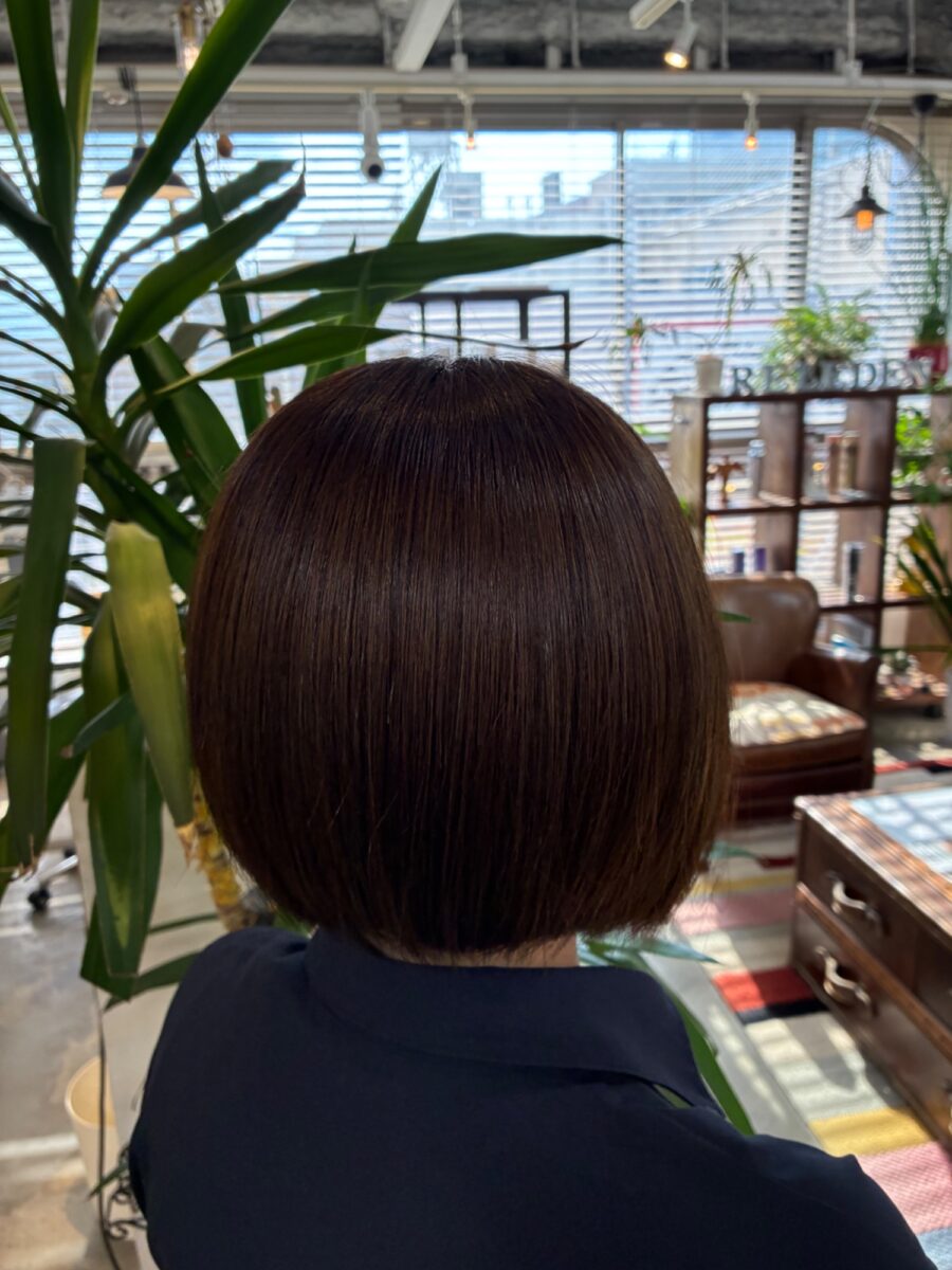 観葉植物のある落ち着いた店内で撮影した艶やかな前下がりボブの後ろ姿
